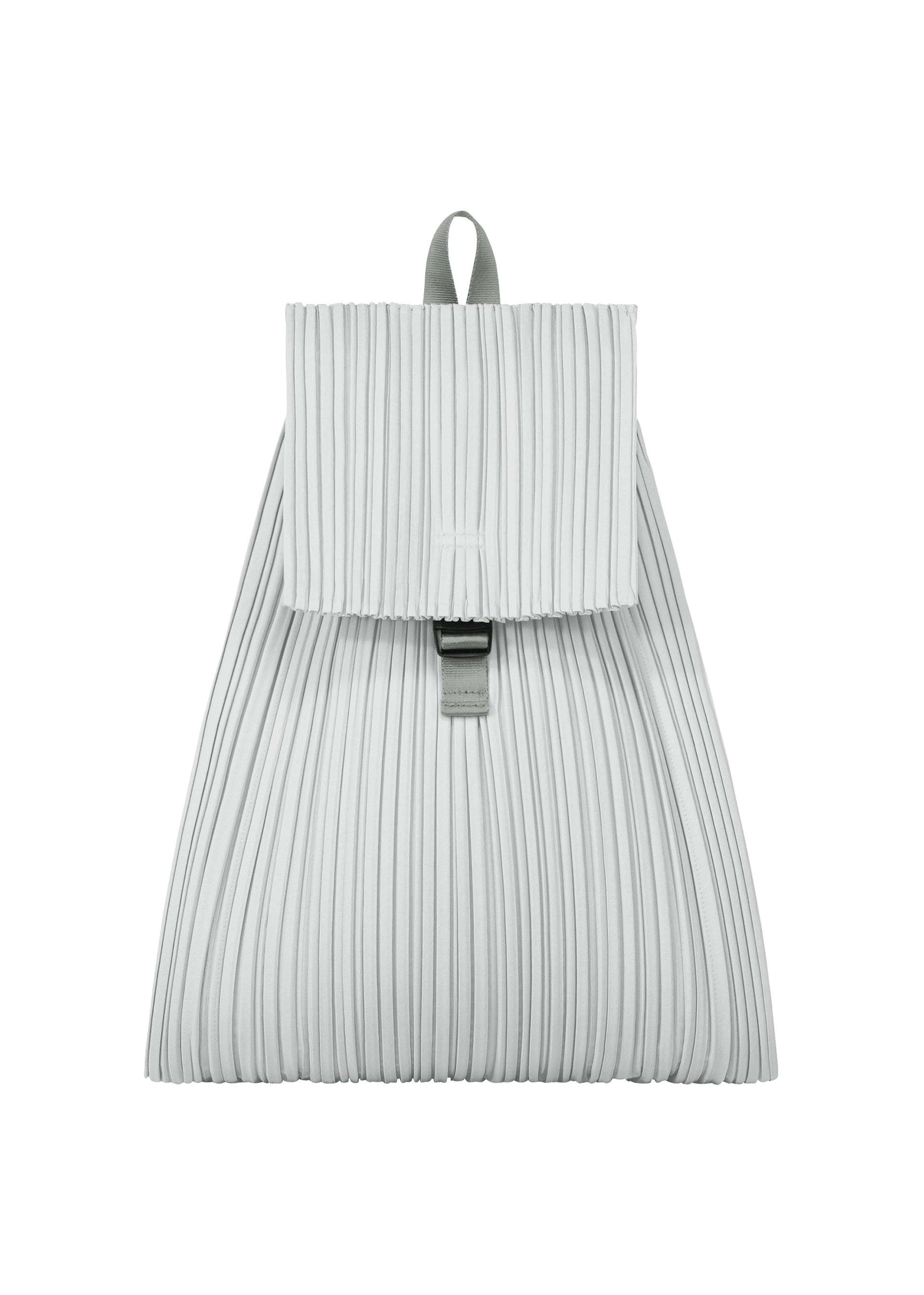 Zoomed view The PLEATS KNAPSACK by PLEATS PLEASE ISSEY MIYAKE is a light gray expandable bag with a rectangular flap, vertical pleats, top handle, metal clasp closure, and practical everyday design. - COOL GRAY （no.11）