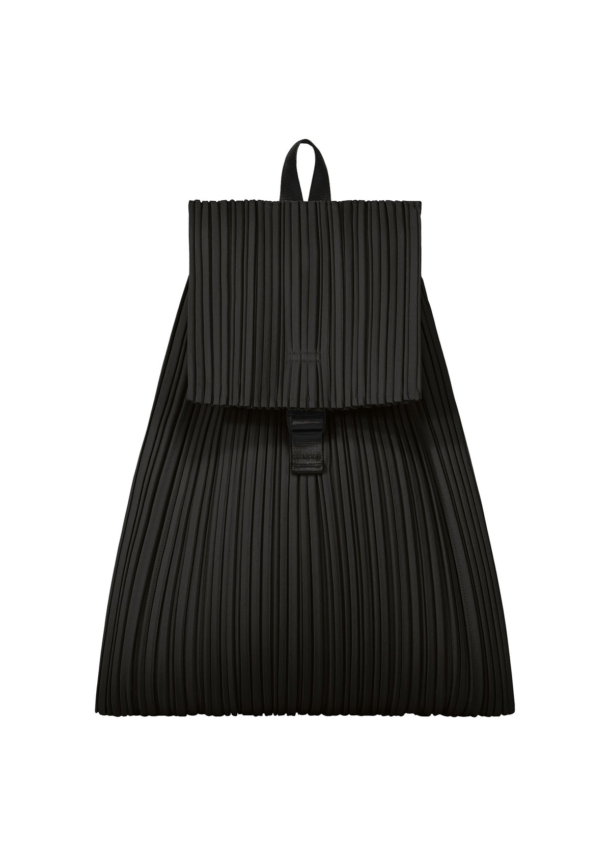 The PLEATS KNAPSACK by PLEATS PLEASE ISSEY MIYAKE is a black, expandable bag with a pleated texture, flap closure, and top loop handle—perfect for everyday versatility. view 2 of 7