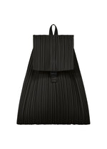 The PLEATS KNAPSACK by PLEATS PLEASE ISSEY MIYAKE is a black, expandable bag with a pleated texture, flap closure, and top loop handle—perfect for everyday versatility. - BLACK （no.15）