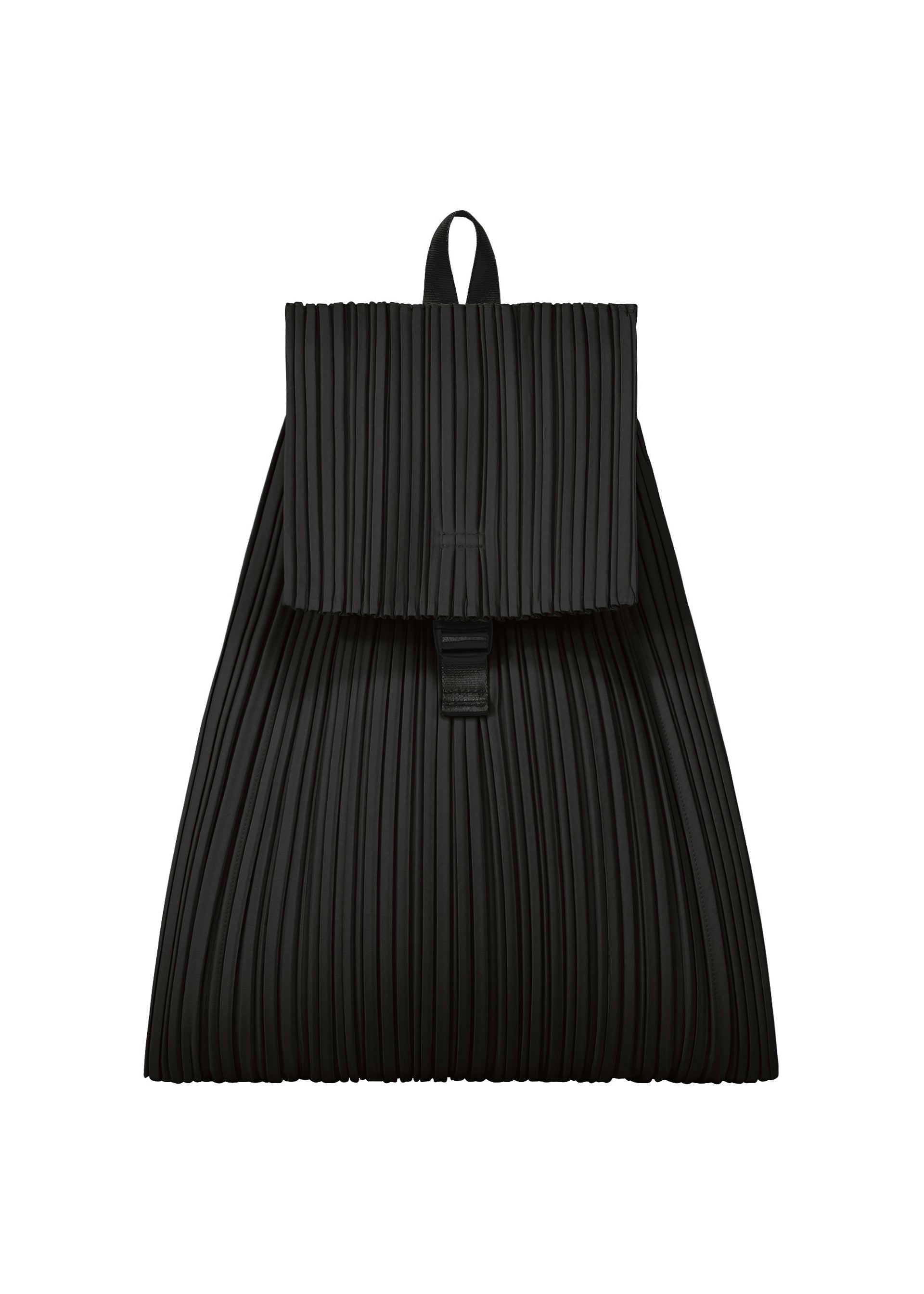 Zoomed view The PLEATS KNAPSACK by PLEATS PLEASE ISSEY MIYAKE is a black, expandable bag with a pleated texture, flap closure, and top loop handle—perfect for everyday versatility. - BLACK （no.15）