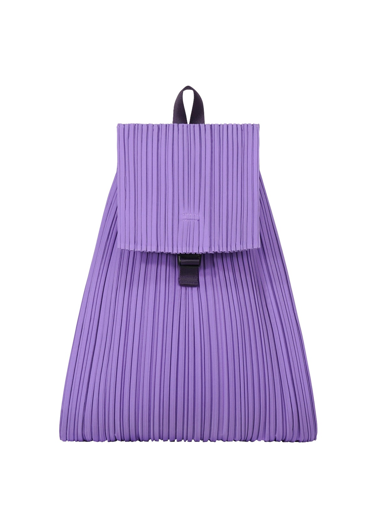 The PLEATS KNAPSACK by PLEATS PLEASE ISSEY MIYAKE is a lavender, pleated, expandable backpack with a flap closure and top loop handle, showcased on a white background. view 3 of 7