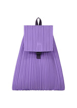 The PLEATS KNAPSACK by PLEATS PLEASE ISSEY MIYAKE is a lavender, pleated, expandable backpack with a flap closure and top loop handle, showcased on a white background. - PURPLE （no.81）