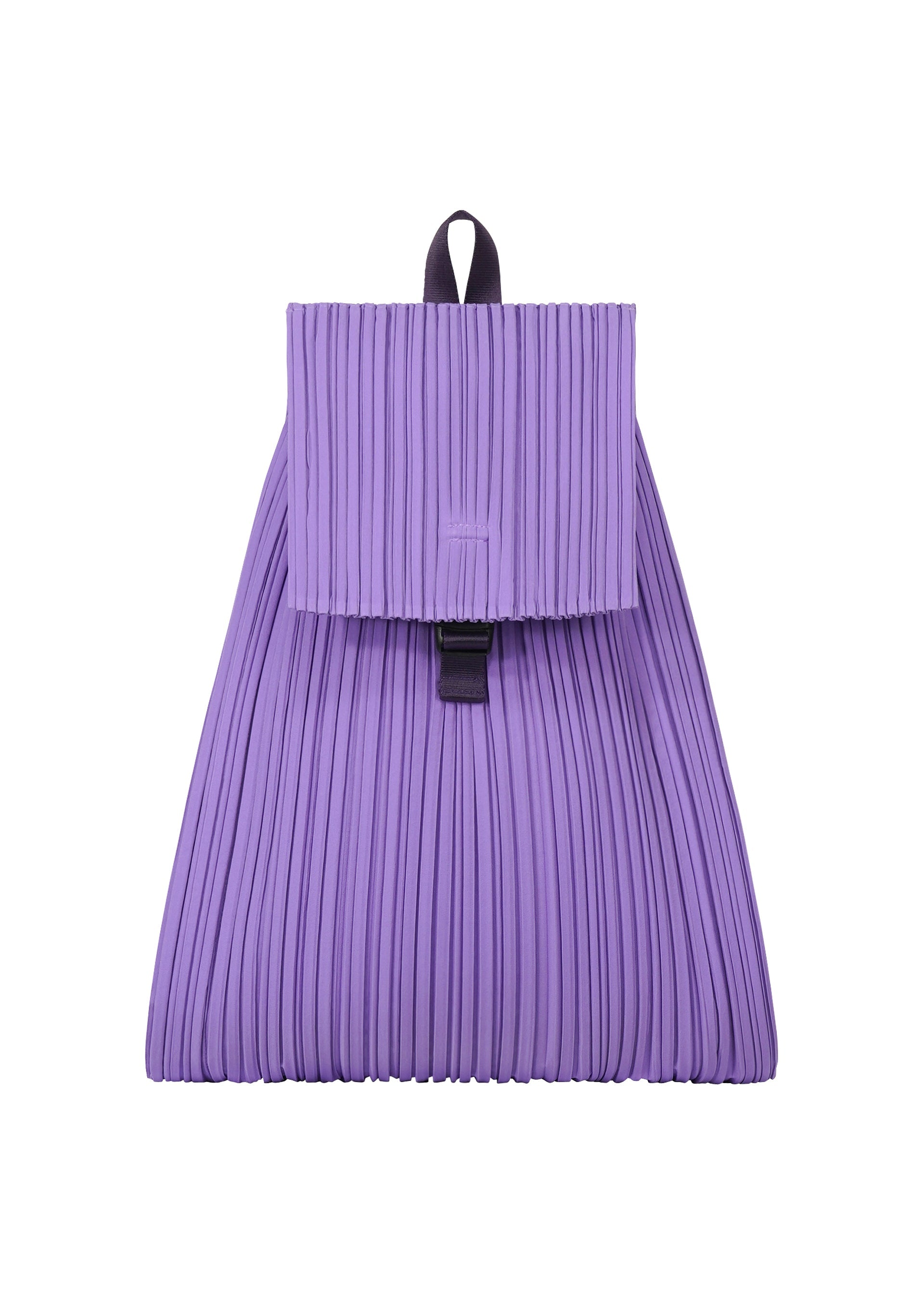 Zoomed view The PLEATS KNAPSACK by PLEATS PLEASE ISSEY MIYAKE is a lavender, pleated, expandable backpack with a flap closure and top loop handle, showcased on a white background. - PURPLE （no.81）