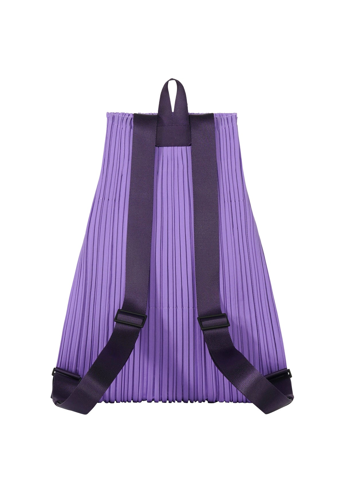 The PLEATS PLEASE ISSEY MIYAKE PLEATS KNAPSACK features a pleated purple fabric, black straps, and a top loop handle, highlighting its expandable design against a plain white background. view 4 of 7