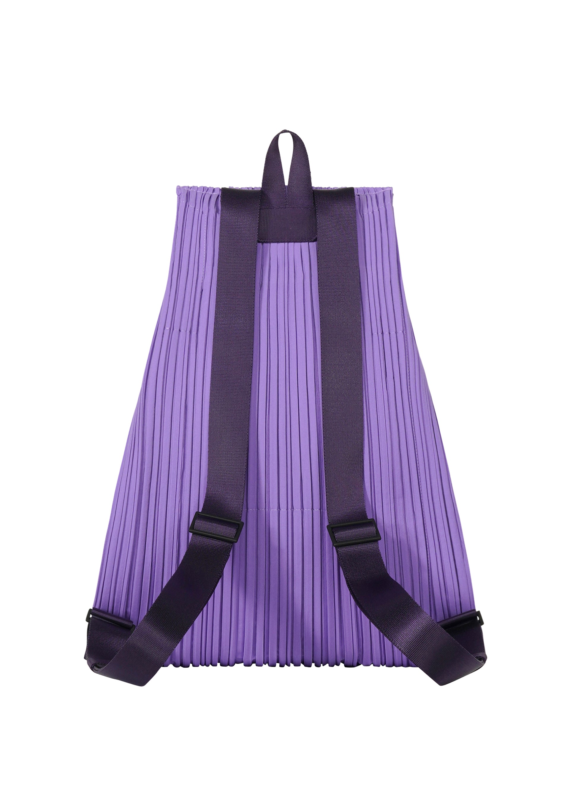 Zoomed view The PLEATS PLEASE ISSEY MIYAKE PLEATS KNAPSACK features a pleated purple fabric, black straps, and a top loop handle, highlighting its expandable design against a plain white background.