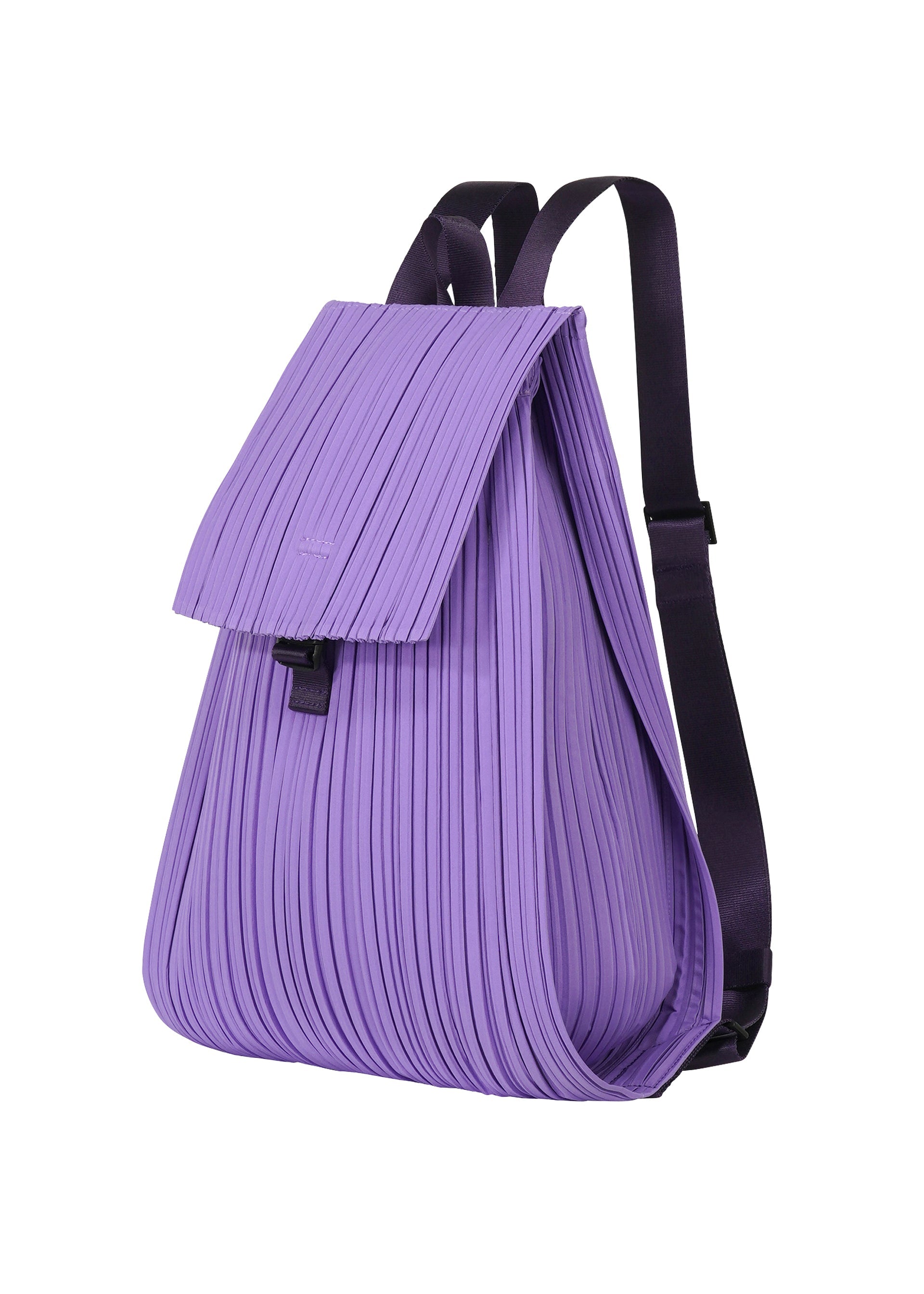 Zoomed view The PLEATS KNAPSACK by PLEATS PLEASE ISSEY MIYAKE is a modern purple backpack with a pleated texture, flap closure, adjustable dark straps, and an expandable design, displayed against a white background.