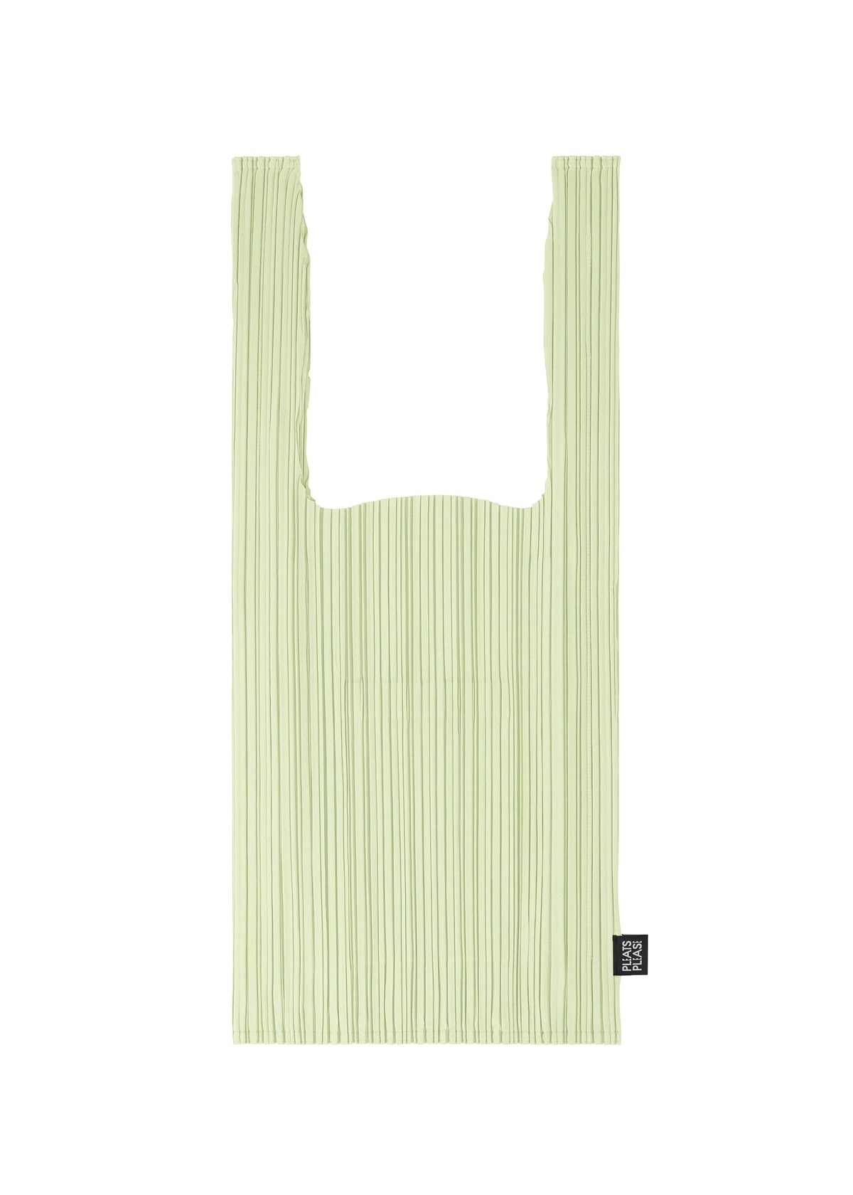 The PLEATS SHOPPING TOTE by PLEATS PLEASE ISSEY MIYAKE is a light green, pleated rectangular bag with two handles and a small black tag on the lower right side. view 1 of 4