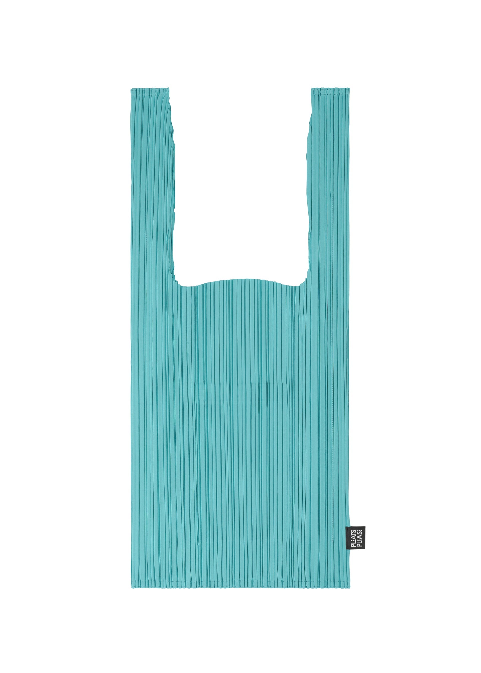 Zoomed view The PLEATS SHOPPING TOTE by PLEATS PLEASE ISSEY MIYAKE is a turquoise, rectangular pleated bag with two handles and a small black tag on the bottom right, shown against a plain white background. - TURQUOISE GREEN （no.66）