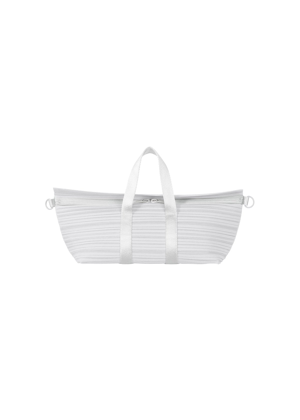 The PLEATS BOSTON BAG by PLEATS PLEASE ISSEY MIYAKE is a minimalist white bag with horizontal pleats, an oblong shape, two short handles, and a zipper closure—shown on a plain white background. view 1 of 8