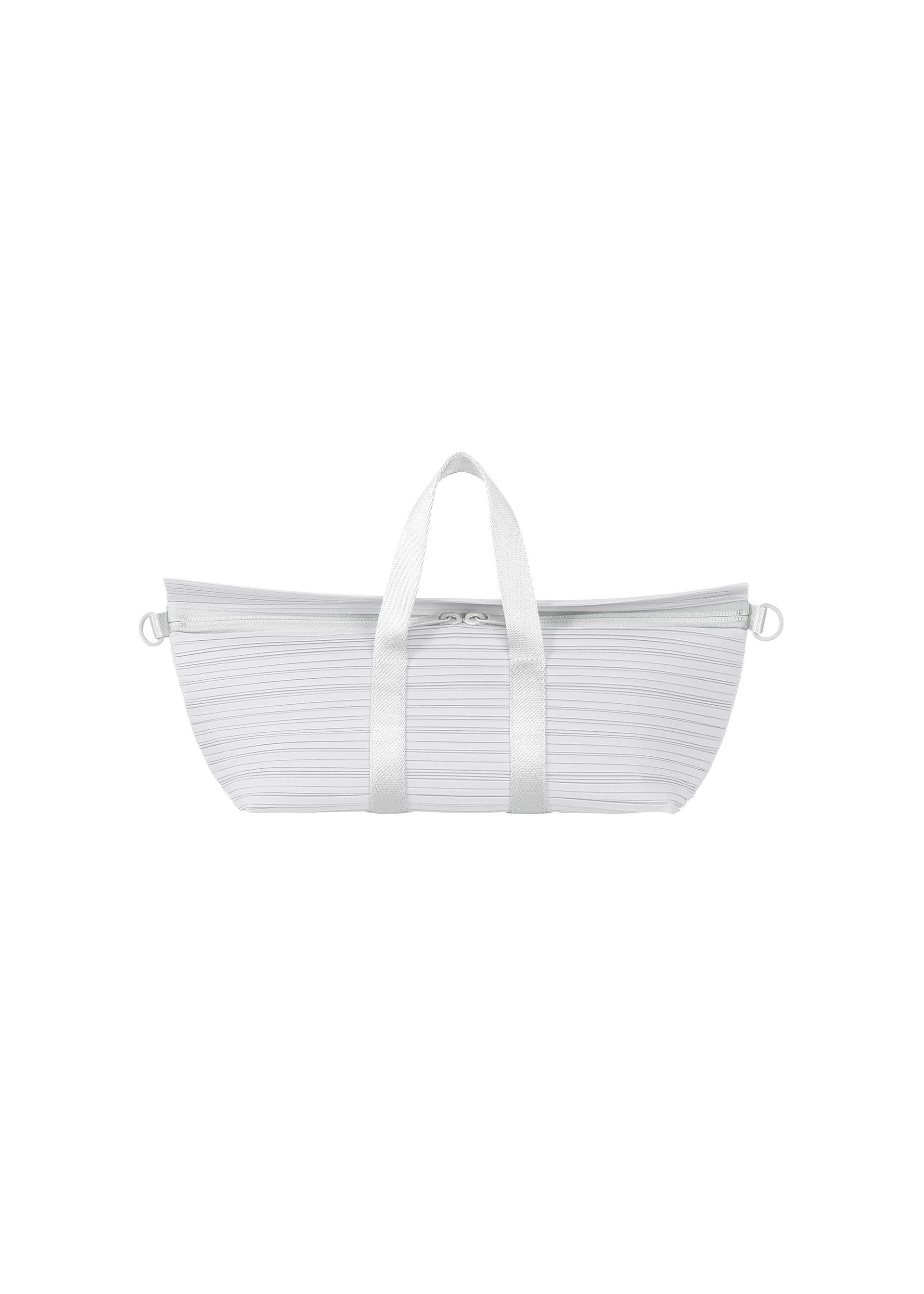 Zoomed view The PLEATS BOSTON BAG by PLEATS PLEASE ISSEY MIYAKE is a minimalist white bag with horizontal pleats, an oblong shape, two short handles, and a zipper closure—shown on a plain white background. - LIGHT GRAY （no.10）