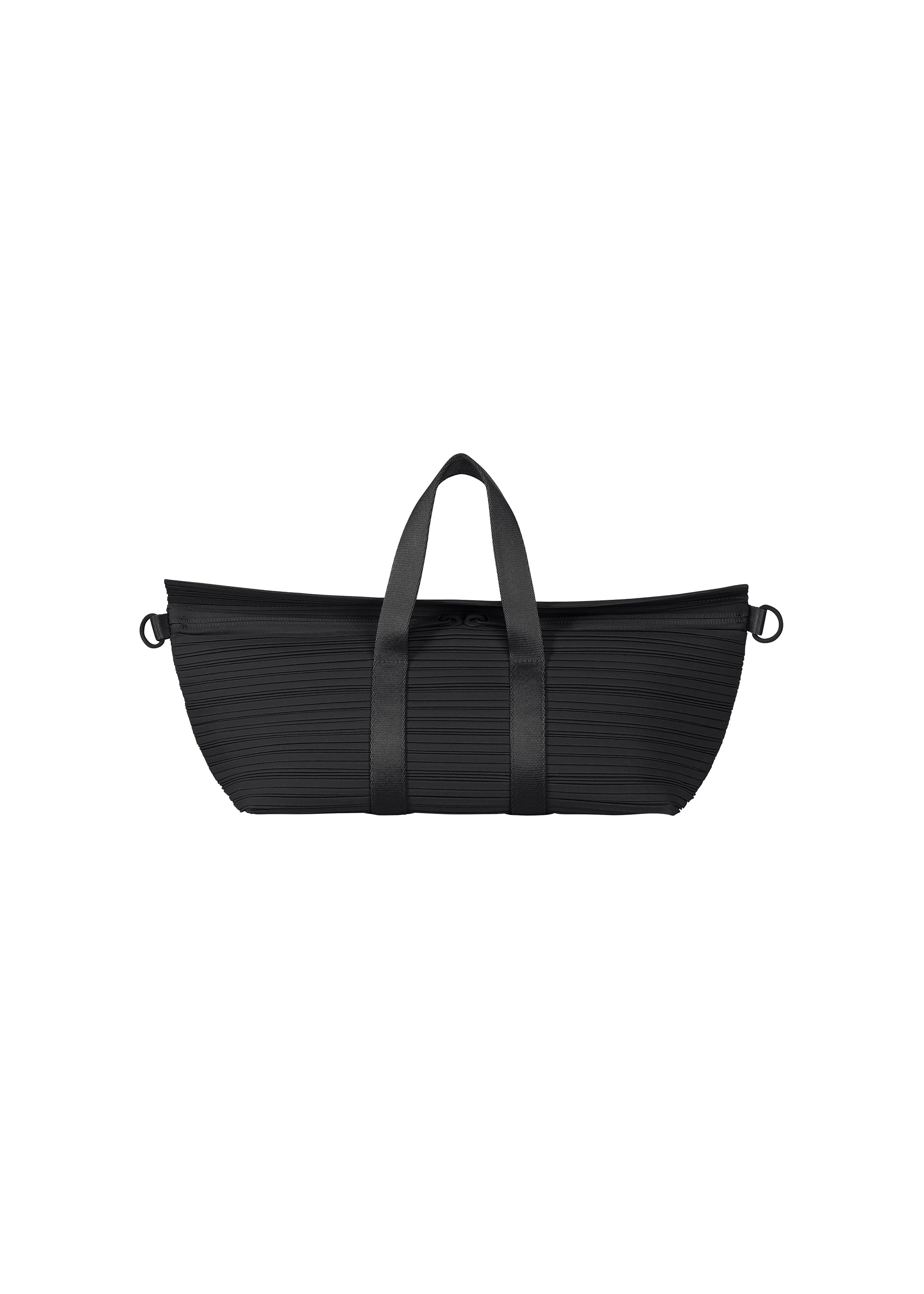 Zoomed view The PLEATS BOSTON BAG by PLEATS PLEASE ISSEY MIYAKE is a black textured oblong bag with horizontal pleats, short double handles, zippered top, and two rings on each end for an optional shoulder strap, shown against a white background. - BLACK （no.15）