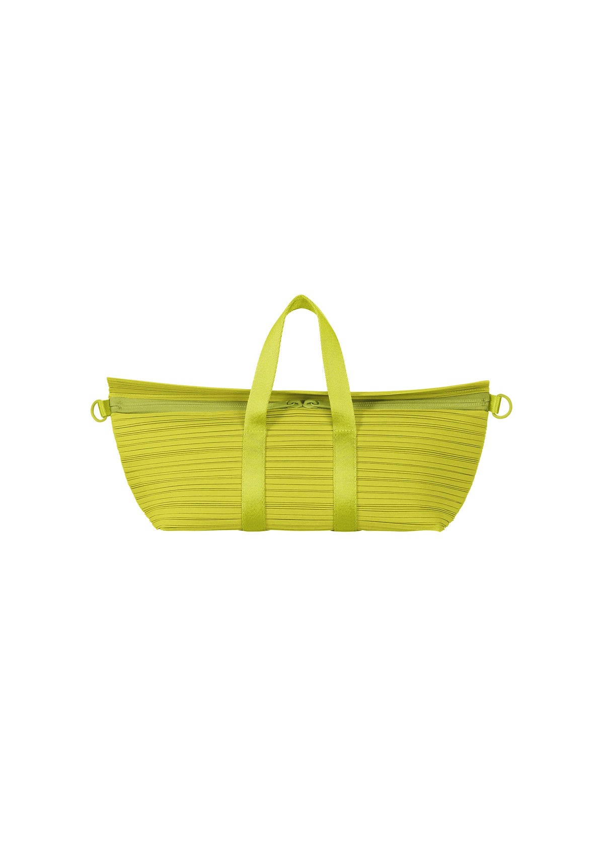 The PLEATS PLEASE ISSEY MIYAKE PLEATS BOSTON BAG, lime green with an oblong shape, ribbed texture, zipper closure, short handles, and side rings, is shown against a white background. view 3 of 8