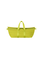 The PLEATS PLEASE ISSEY MIYAKE PLEATS BOSTON BAG, lime green with an oblong shape, ribbed texture, zipper closure, short handles, and side rings, is shown against a white background. - YELLOW GREEN （no.64）