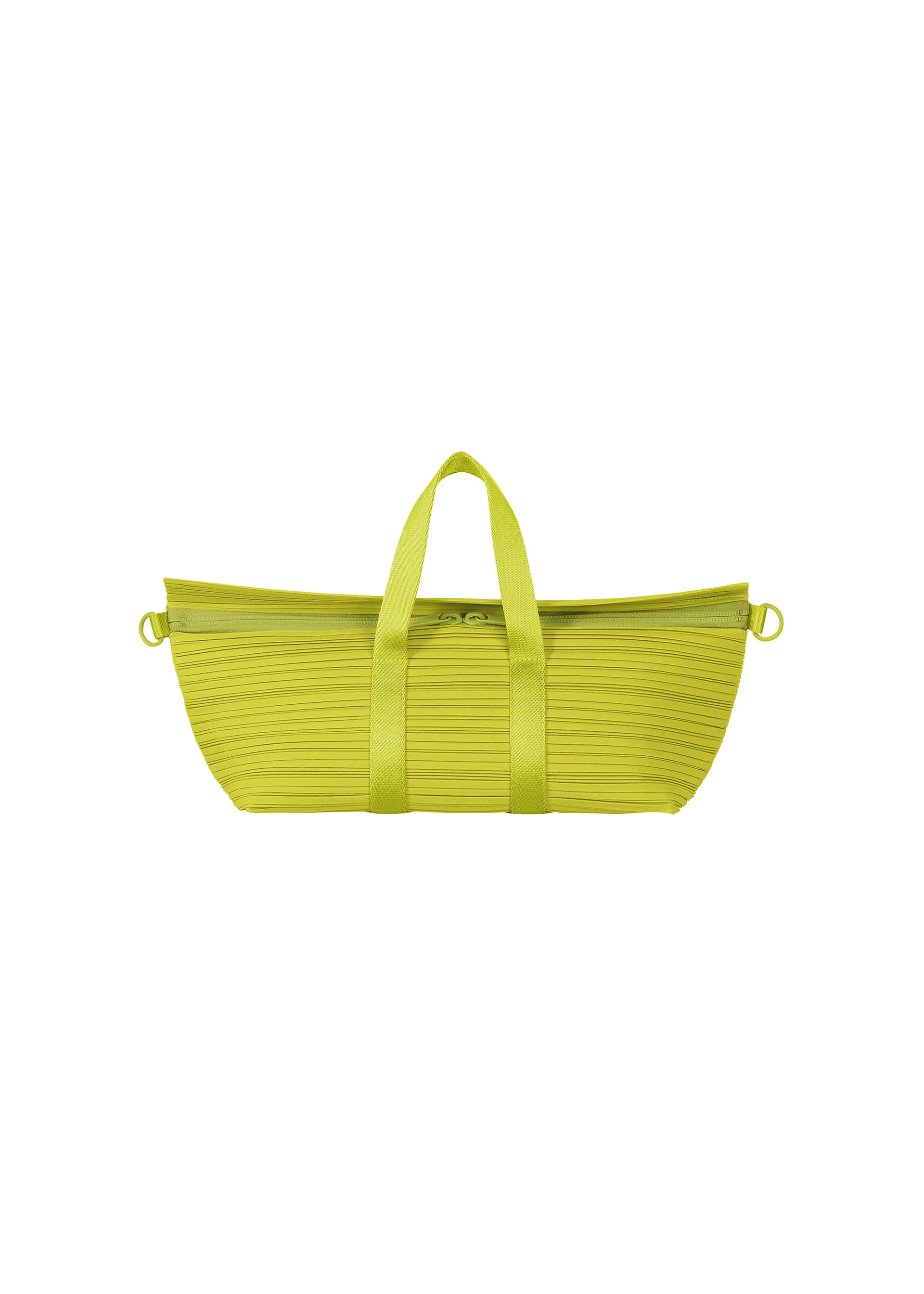 Zoomed view The PLEATS PLEASE ISSEY MIYAKE PLEATS BOSTON BAG, lime green with an oblong shape, ribbed texture, zipper closure, short handles, and side rings, is shown against a white background. - YELLOW GREEN （no.64）