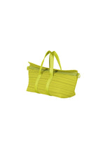 The PLEATS BOSTON BAG by PLEATS PLEASE ISSEY MIYAKE is an oblong, lime green bag with horizontal pleats, two short handles, and a zippered top, shown on a white background.