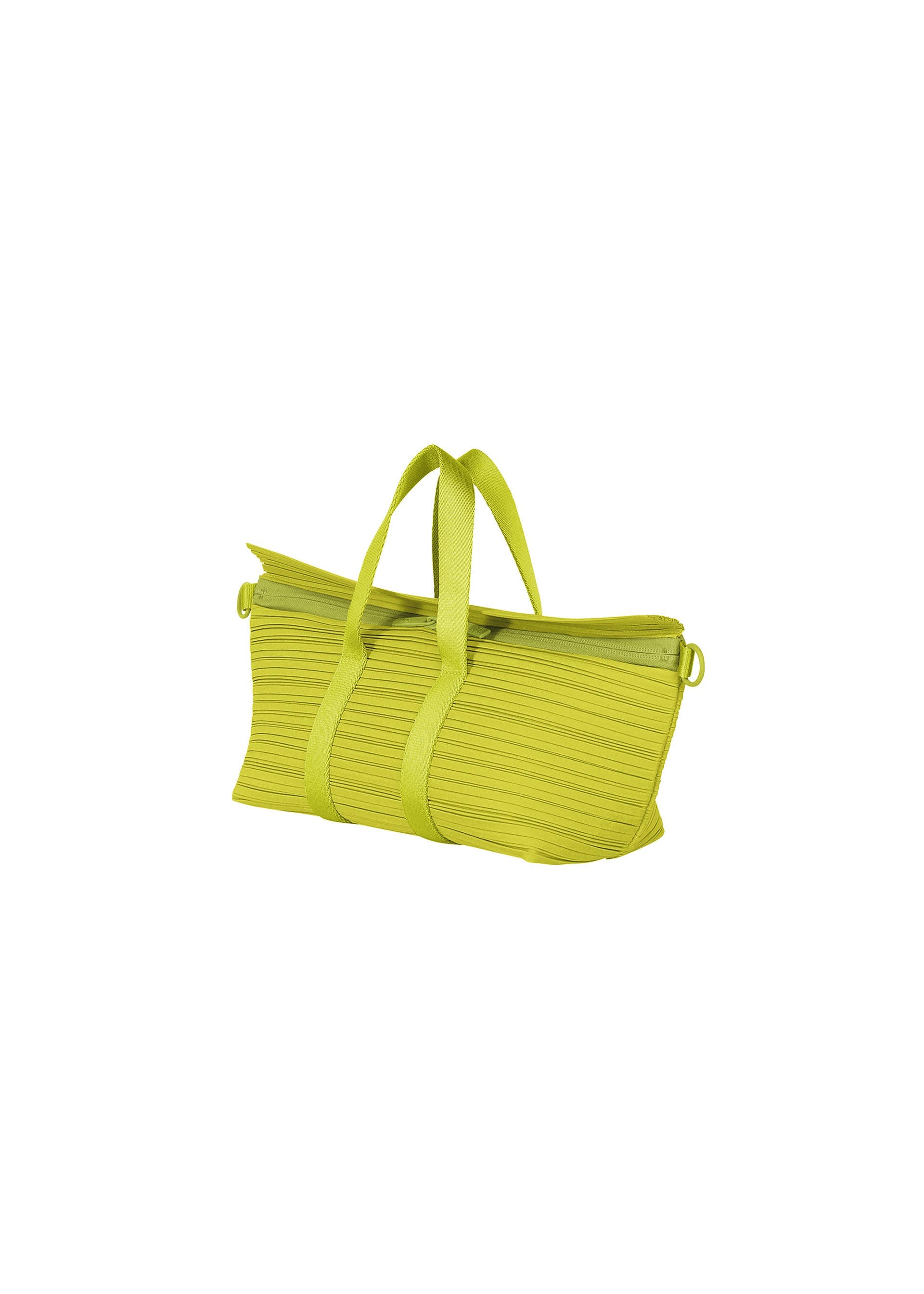 Zoomed view The PLEATS BOSTON BAG by PLEATS PLEASE ISSEY MIYAKE is an oblong, lime green bag with horizontal pleats, two short handles, and a zippered top, shown on a white background.