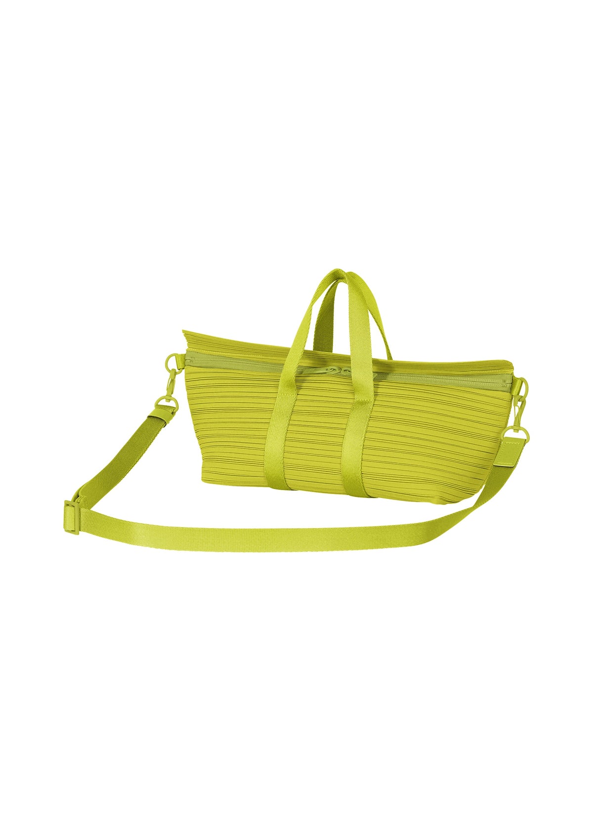 The PLEATS BOSTON BAG by PLEATS PLEASE ISSEY MIYAKE is a lime green, oblong bag with textured horizontal pleats, matching handles, and a detachable shoulder strap, shown on a white background. view 5 of 8
