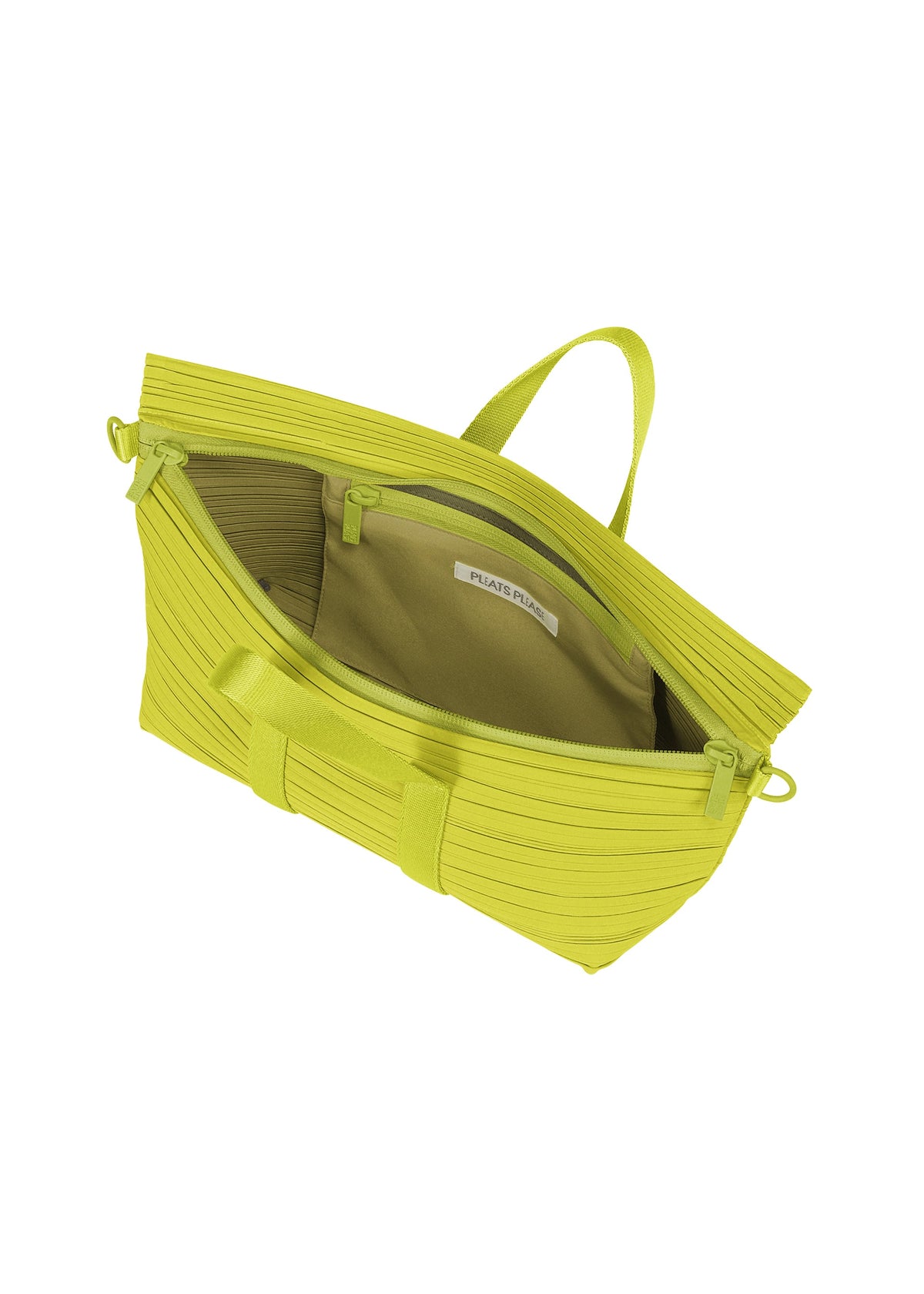 The PLEATS BOSTON BAG by PLEATS PLEASE ISSEY MIYAKE is a bright yellow-green zippered bag with vertical textured lines, an oblong shape, and a beige-lined interior with an inner zippered pocket shown from above. view 6 of 8