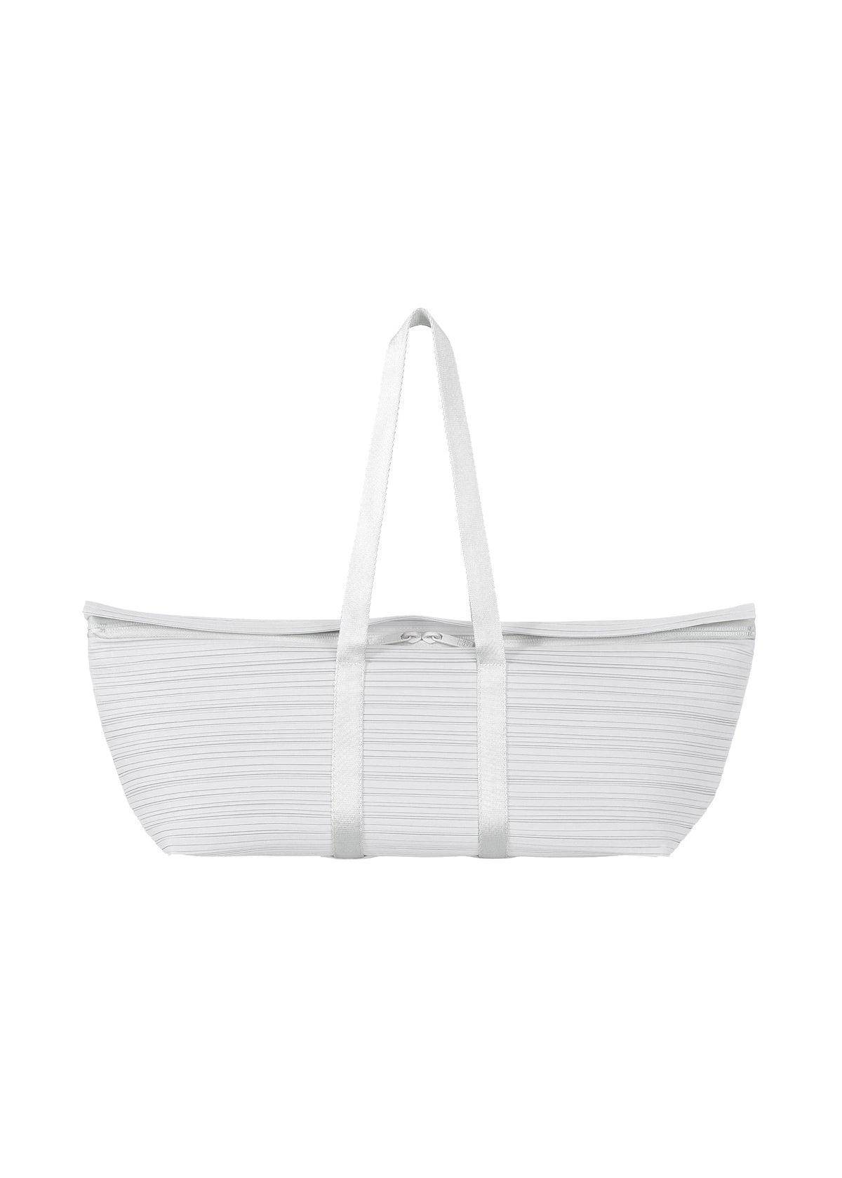 The PLEATS BOSTON BAG by PLEATS PLEASE ISSEY MIYAKE is a white, rectangular tote with horizontal pleats and two long handles, shown on a plain white background. view 1 of 7
