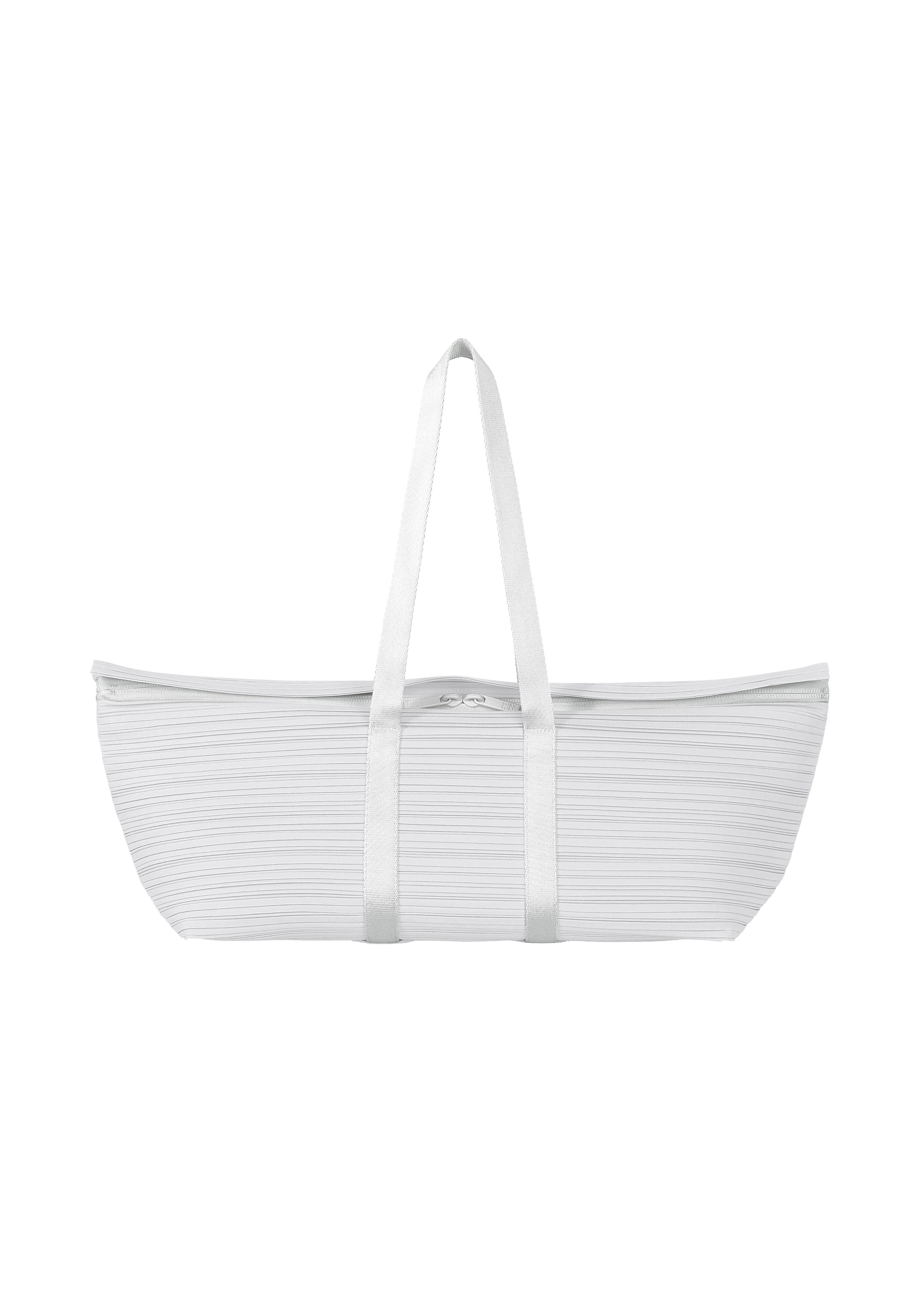 Zoomed view The PLEATS BOSTON BAG by PLEATS PLEASE ISSEY MIYAKE is a white, rectangular tote with horizontal pleats and two long handles, shown on a plain white background. - LIGHT GRAY （no.10）