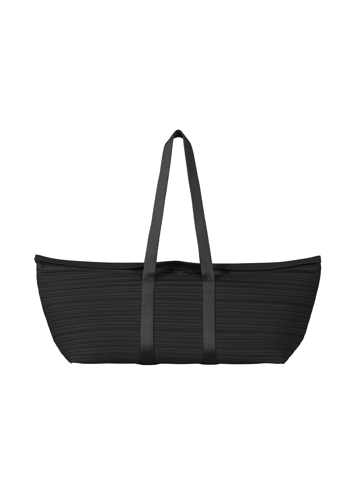 The PLEATS BOSTON BAG by PLEATS PLEASE ISSEY MIYAKE is a large, oblong black tote with long handles and a horizontally pleated texture. Minimalist and unadorned, it is shown against a white background. view 2 of 7