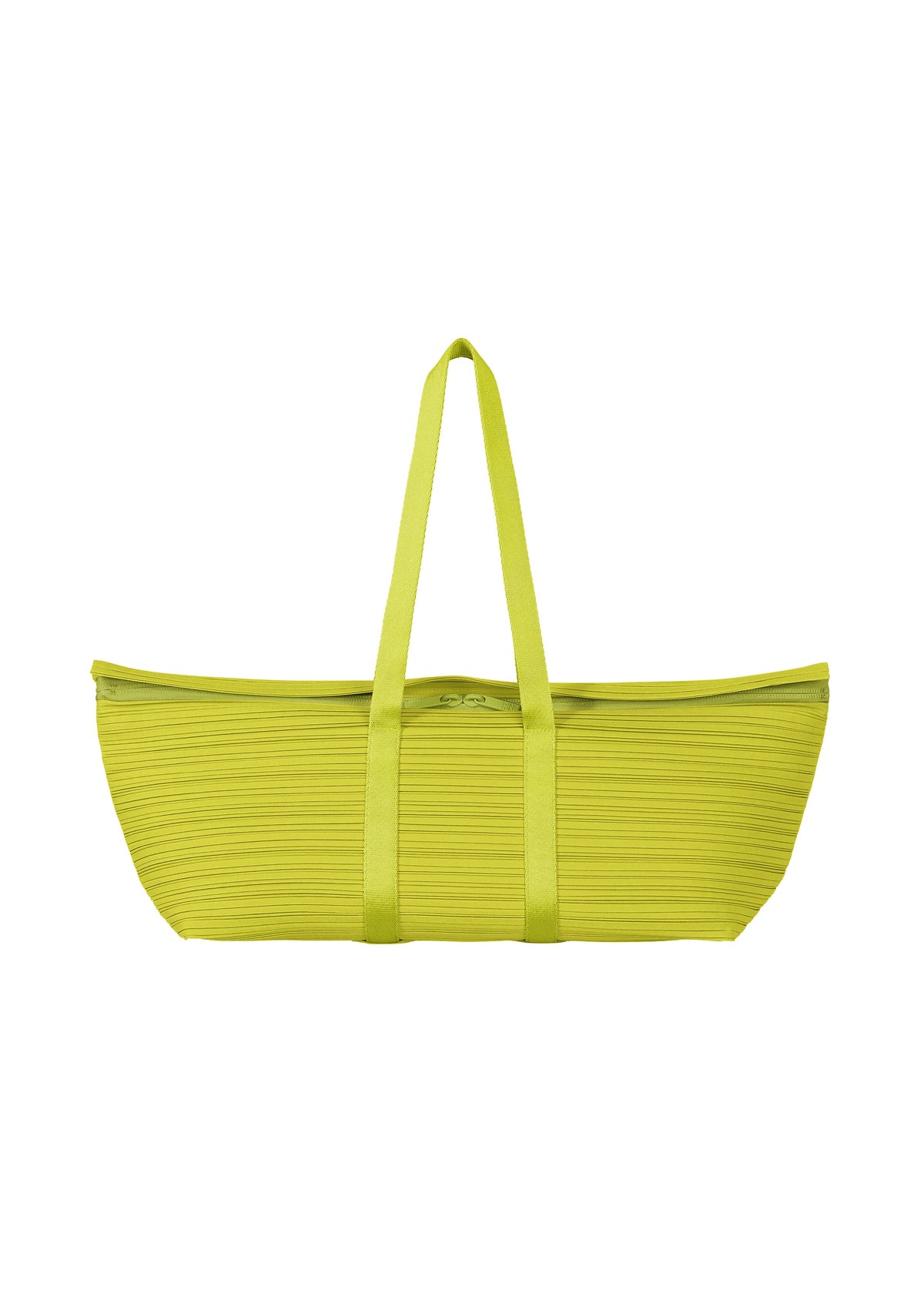 The PLEATS BOSTON BAG by PLEATS PLEASE ISSEY MIYAKE is a large yellow tote with long handles and a ribbed, pleated exterior, shown on a white background. view 3 of 7