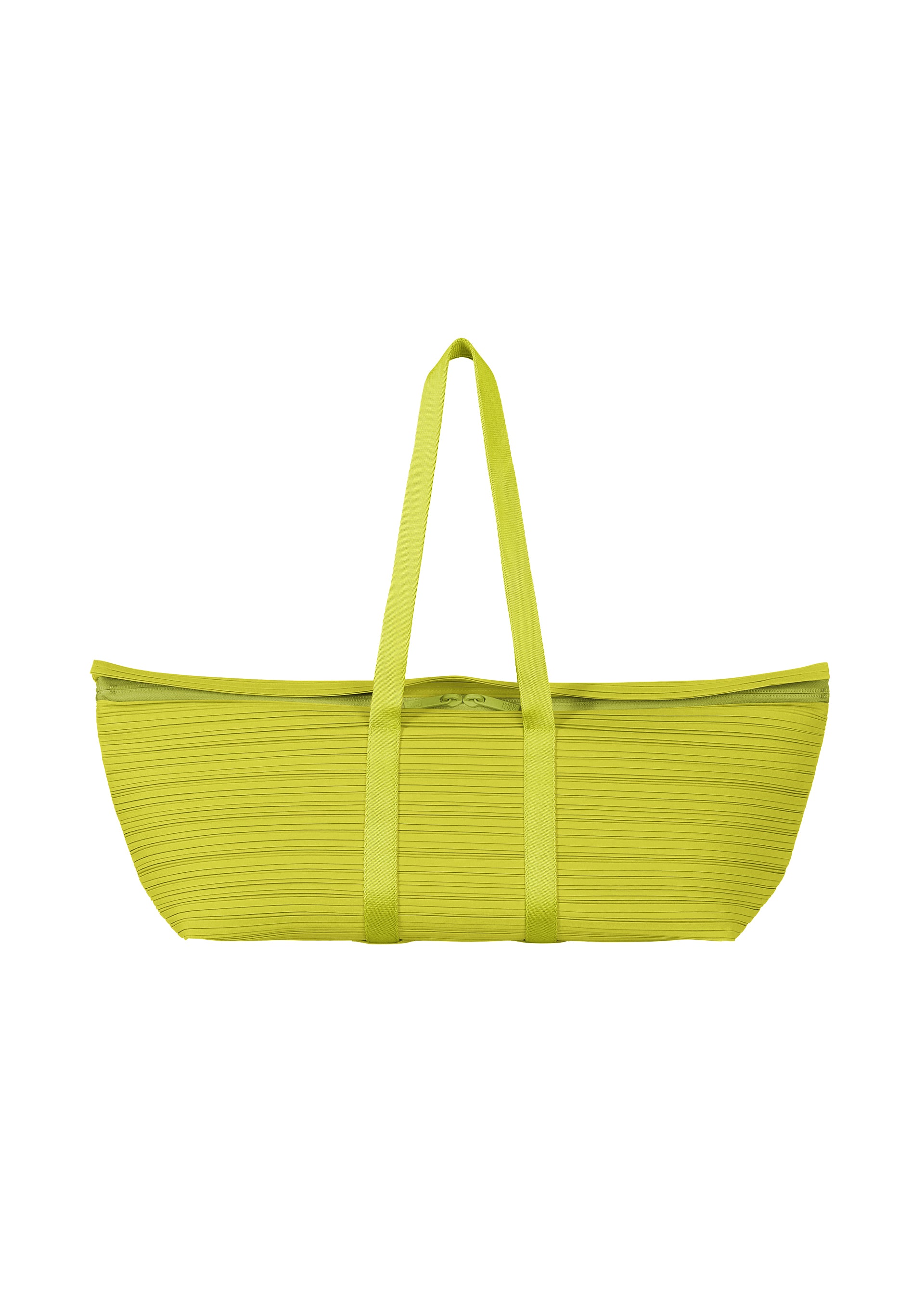 Zoomed view The PLEATS BOSTON BAG by PLEATS PLEASE ISSEY MIYAKE is a large yellow tote with long handles and a ribbed, pleated exterior, shown on a white background. - YELLOW GREEN （no.64）