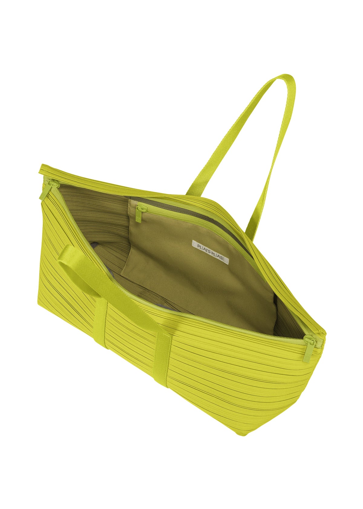 The PLEATS BOSTON BAG by PLEATS PLEASE ISSEY MIYAKE is a lime green, oblong, ribbed bag with two handles and a structured shape. Shown open, it features a khaki lining, an inner pocket, and a sewn-in label. view 5 of 7