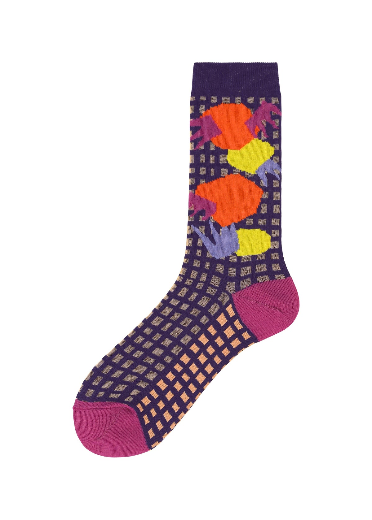 The MARKET SOCKS by PLEATS PLEASE ISSEY MIYAKE feature a checkered grid in purple, pink, and beige with abstract orange, yellow, purple, and red shapes at the ankle. Magenta toe and heel complete the colorful design. view 2 of 5