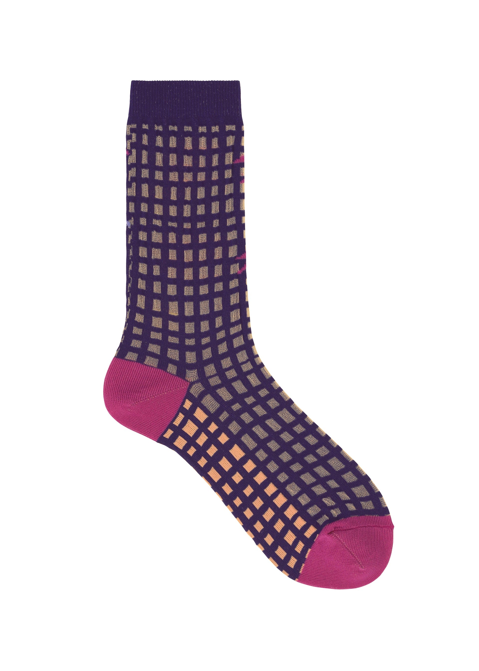 Zoomed view The MARKET SOCKS by PLEATS PLEASE ISSEY MIYAKE is a single sheer sock with a purple base, grid pattern in beige, orange, and pink squares, and magenta heel, toe, and cuff for a unique market-inspired style.