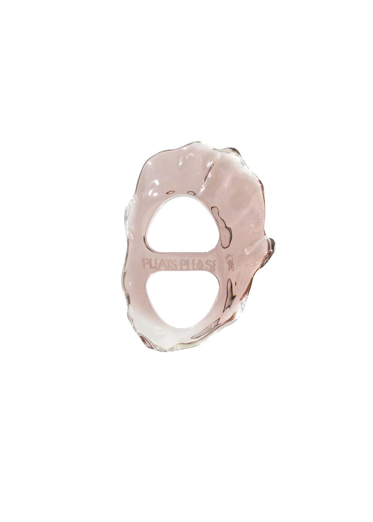 The SHELL SCARF RING by PLEATS PLEASE ISSEY MIYAKE is a translucent, pale pink resin handbag with an irregular, seashell-inspired shape, two circular cutout handles, and subtle PLEATS PLEASE branding at the center. view 1 of 4