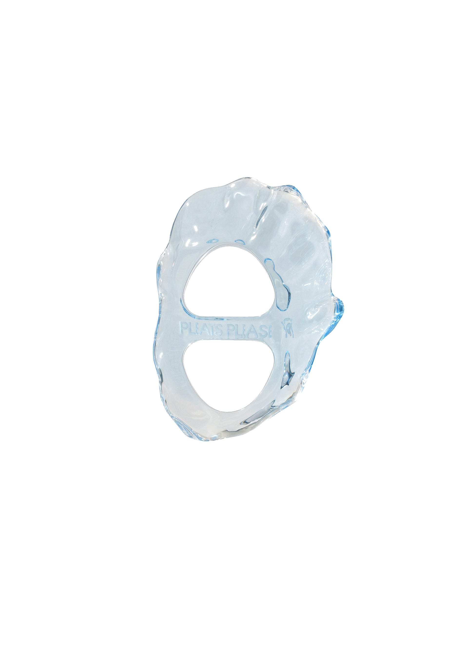 Zoomed view The SHELL SCARF RING by PLEATS PLEASE ISSEY MIYAKE is a wavy-edged, translucent blue acrylic accessory with two oval openings, shown on a plain white background. - BLUE （no.72）