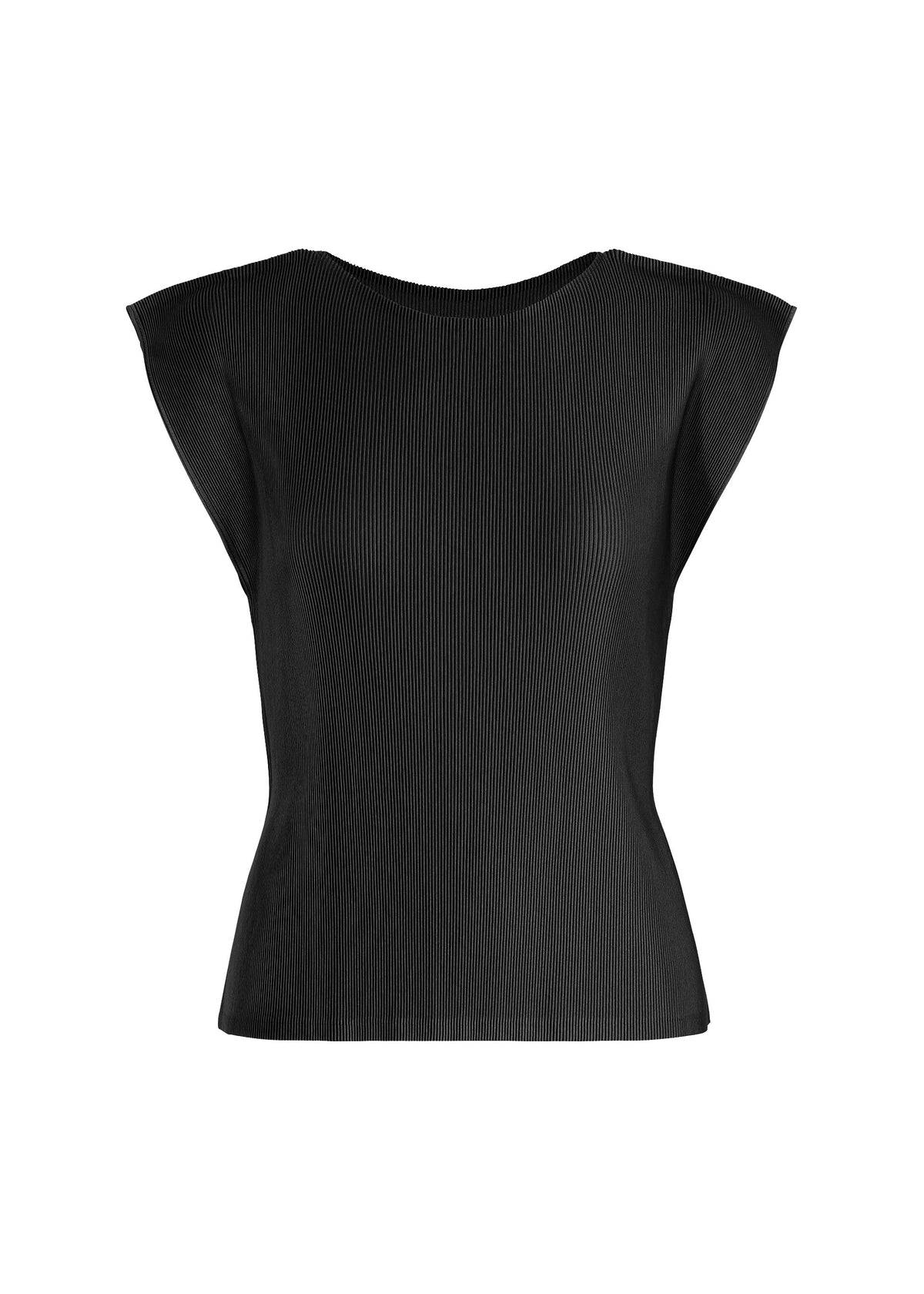 A sleeveless black women’s round-neck top with a subtle vertical ribbed texture and slightly extended French sleeves, the MIST AUGUST by PLEATS PLEASE ISSEY MIYAKE, displayed on a white background. view 1 of 8