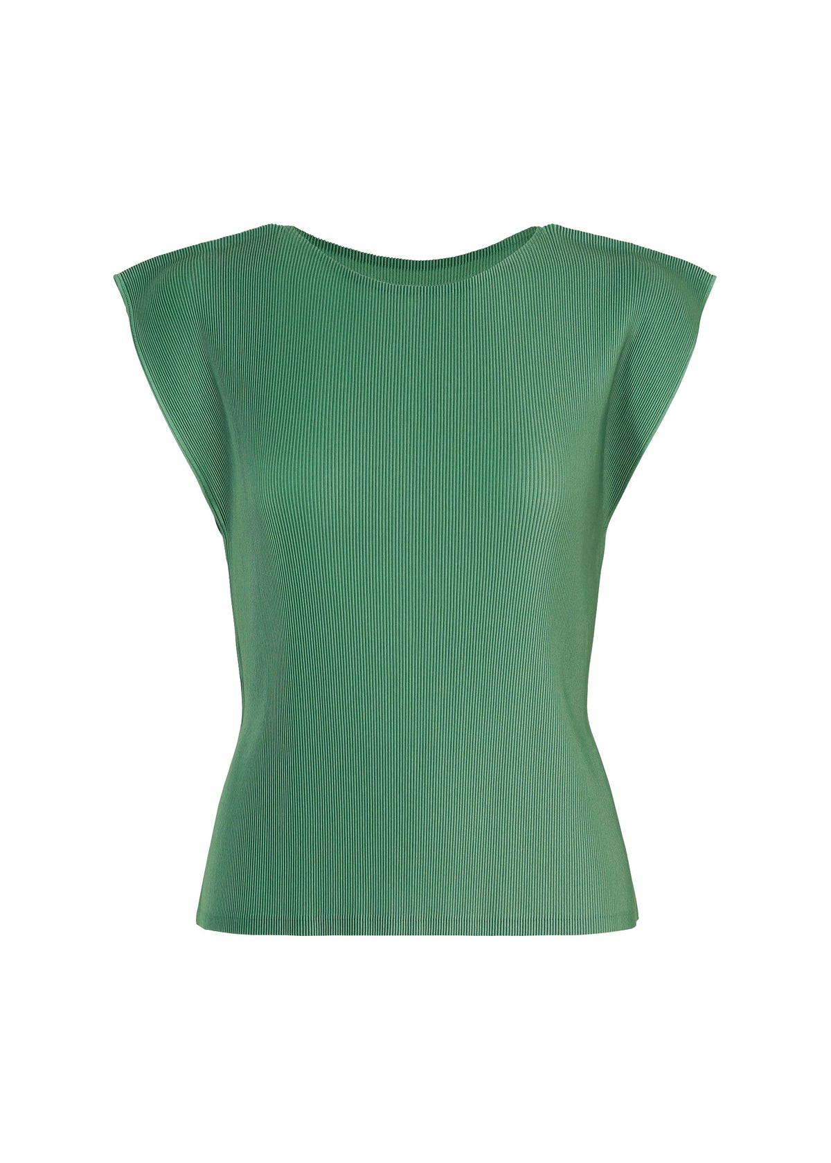 MIST AUGUST by PLEATS PLEASE ISSEY MIYAKE: a sleeveless, fitted green round-neck top featuring a subtle textured finish and pleated cap sleeves, shown against a white background. view 2 of 8