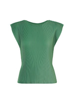 MIST AUGUST by PLEATS PLEASE ISSEY MIYAKE: a sleeveless, fitted green round-neck top featuring a subtle textured finish and pleated cap sleeves, shown against a white background. - GRAYISH GREEN （no.61）