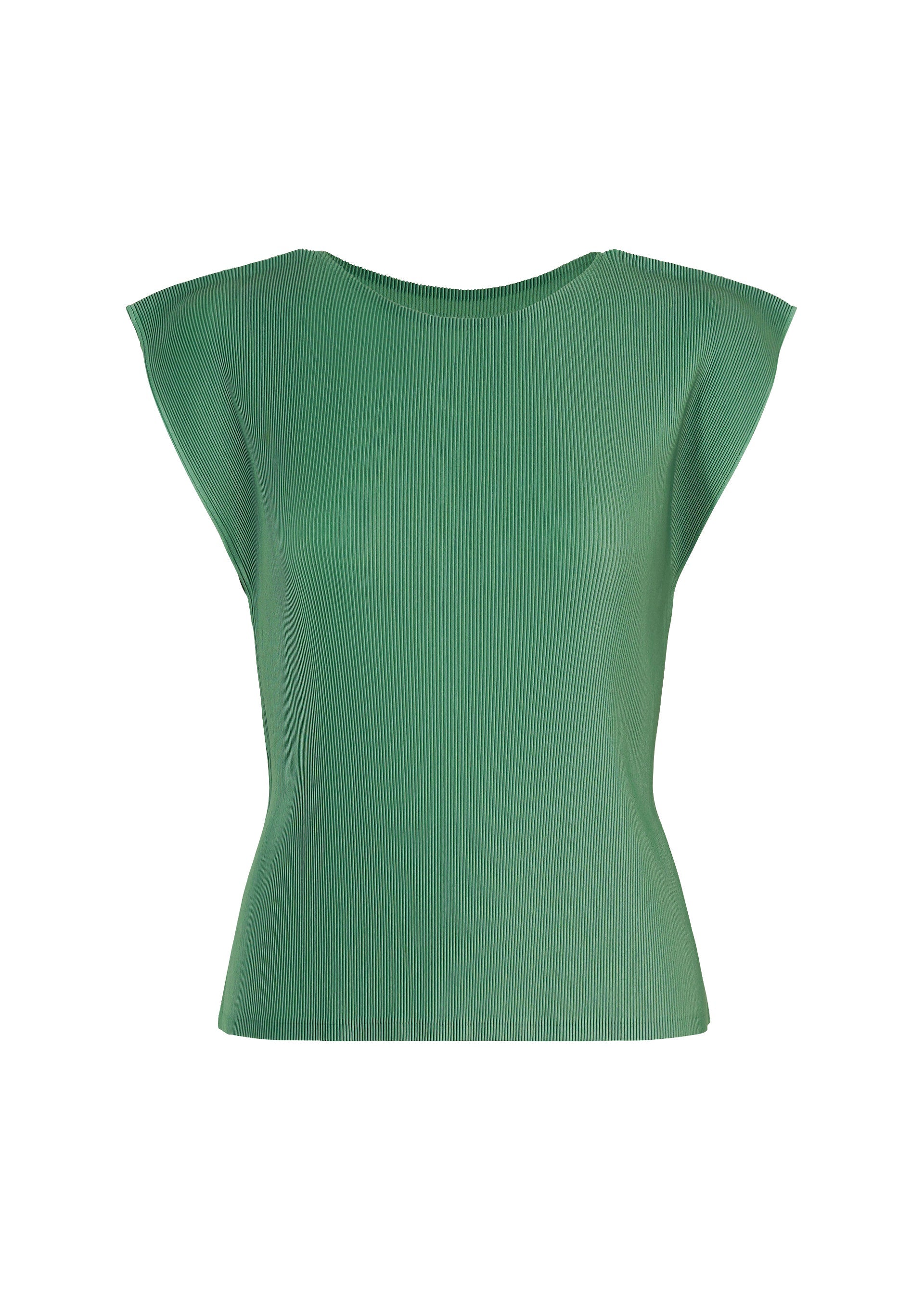 Zoomed view MIST AUGUST by PLEATS PLEASE ISSEY MIYAKE: a sleeveless, fitted green round-neck top featuring a subtle textured finish and pleated cap sleeves, shown against a white background. - GRAYISH GREEN （no.61）