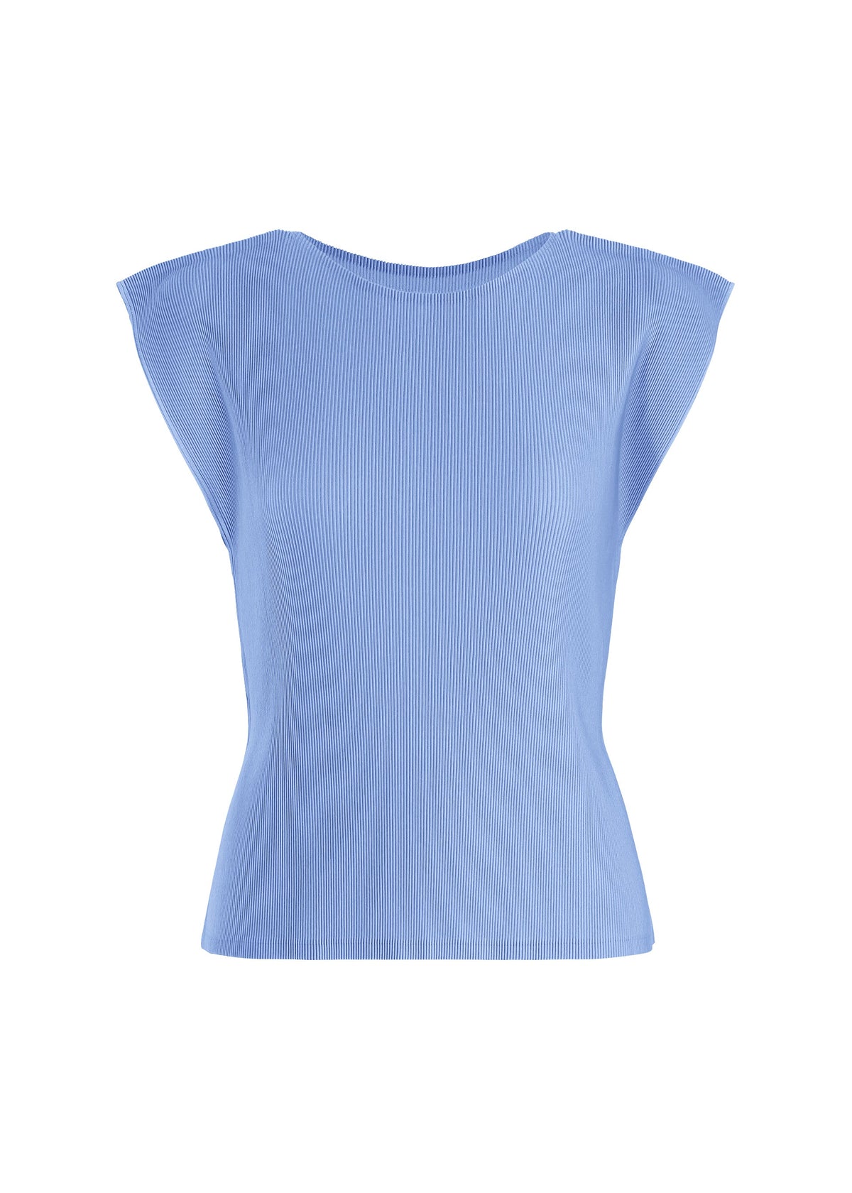 MIST AUGUST by PLEATS PLEASE ISSEY MIYAKE is a sleeveless light blue round-neck top featuring a subtle ribbed texture and delicate pleated detailing, displayed against a white background. view 3 of 8