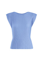 MIST AUGUST by PLEATS PLEASE ISSEY MIYAKE is a sleeveless light blue round-neck top featuring a subtle ribbed texture and delicate pleated detailing, displayed against a white background. - LIGHT BLUE （no.70）