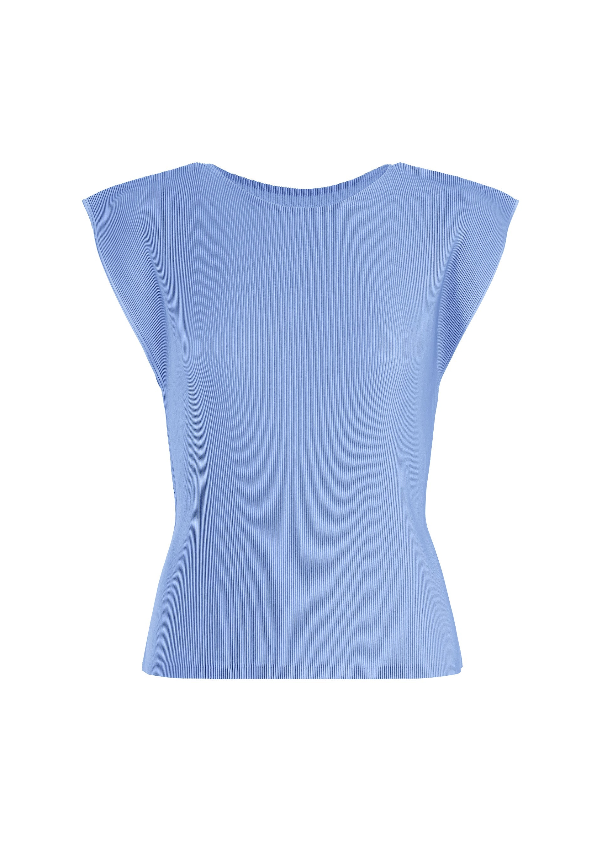 Zoomed view MIST AUGUST by PLEATS PLEASE ISSEY MIYAKE is a sleeveless light blue round-neck top featuring a subtle ribbed texture and delicate pleated detailing, displayed against a white background. - LIGHT BLUE （no.70）