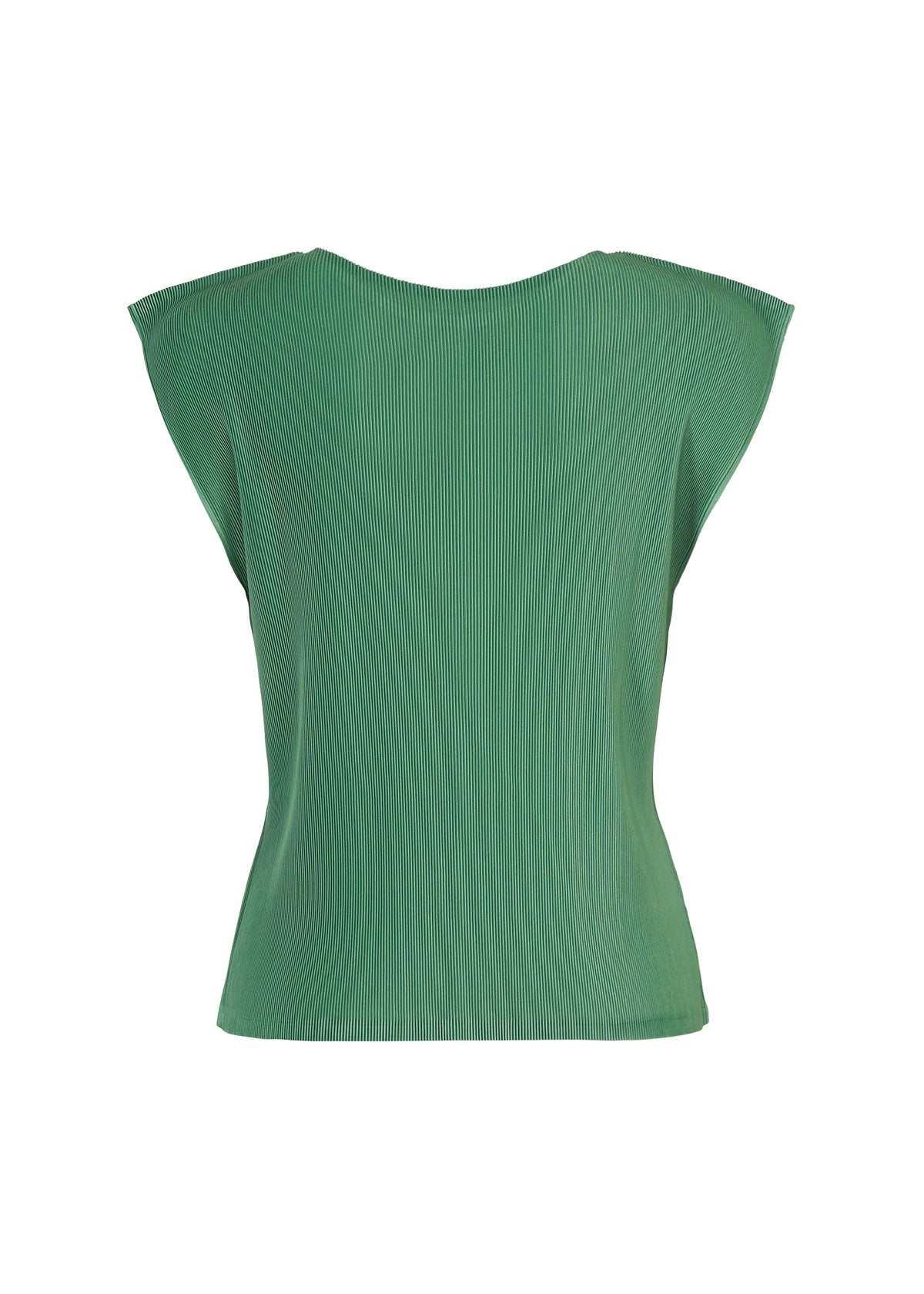 A green MIST AUGUST top by PLEATS PLEASE ISSEY MIYAKE is shown from the back against a white background. This sleeveless, round-neck design features a subtle ribbed texture, a straight hem, and a slightly extended shoulder that creates the look of modern French sleeves. view 4 of 8