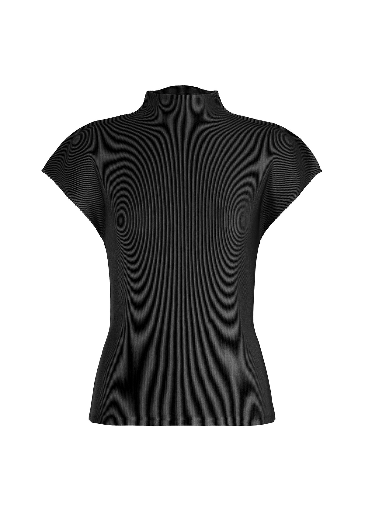 MIST AUGUST by PLEATS PLEASE ISSEY MIYAKE: A black, lightweight, ribbed short-sleeve top featuring a high neckline, subtly flared shoulders, and a fitted silhouette, shown against a white background. view 1 of 8