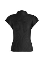 MIST AUGUST by PLEATS PLEASE ISSEY MIYAKE: A black, lightweight, ribbed short-sleeve top featuring a high neckline, subtly flared shoulders, and a fitted silhouette, shown against a white background. - CHARCOAL （no.17）