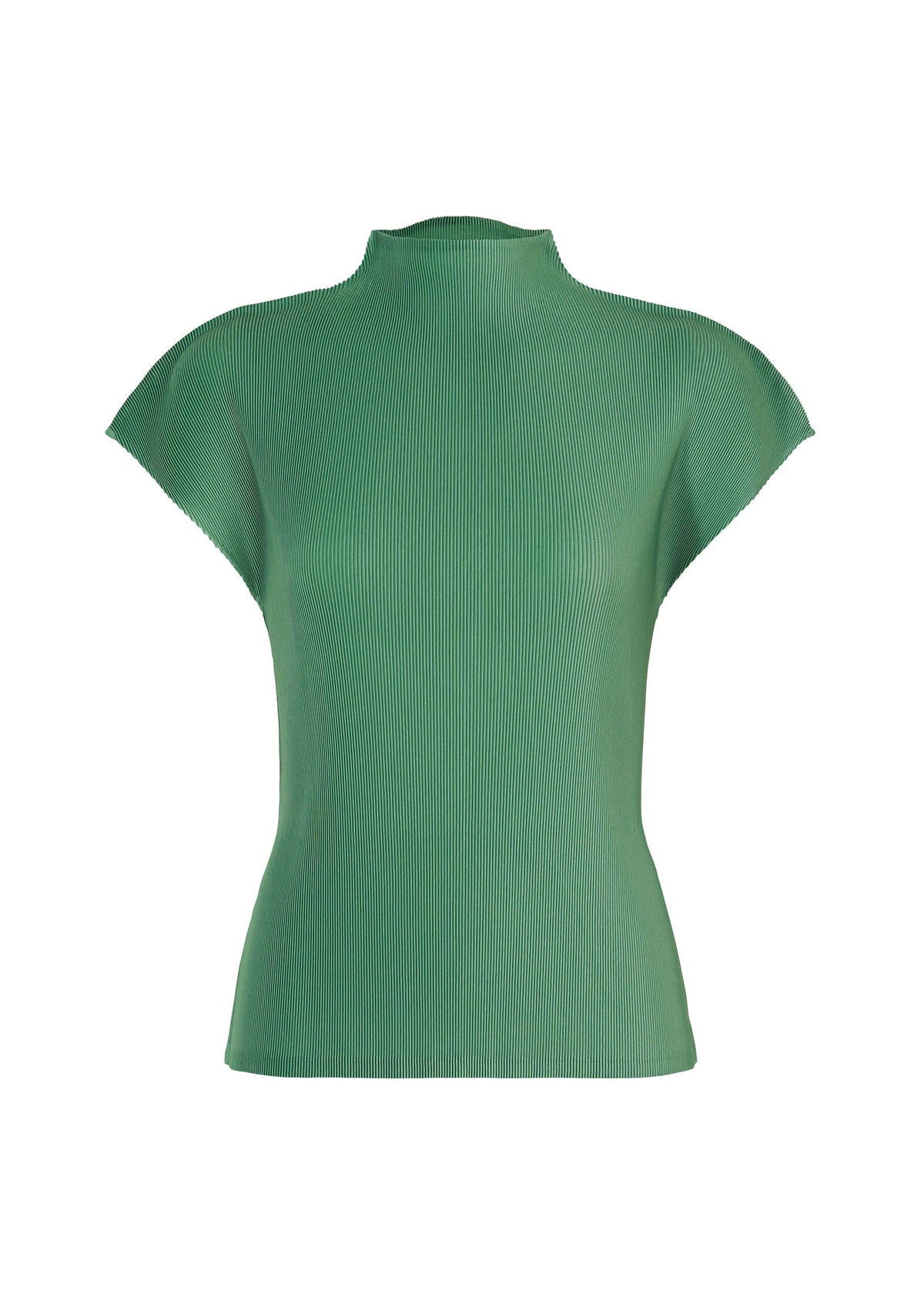MIST AUGUST by PLEATS PLEASE ISSEY MIYAKE is a green, short-sleeve ribbed knit top featuring a mock neck, fitted silhouette, and lightweight feel, shown against a plain white background. view 2 of 8