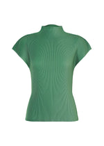 MIST AUGUST by PLEATS PLEASE ISSEY MIYAKE is a green, short-sleeve ribbed knit top featuring a mock neck, fitted silhouette, and lightweight feel, shown against a plain white background. - GRAYISH GREEN （no.61）