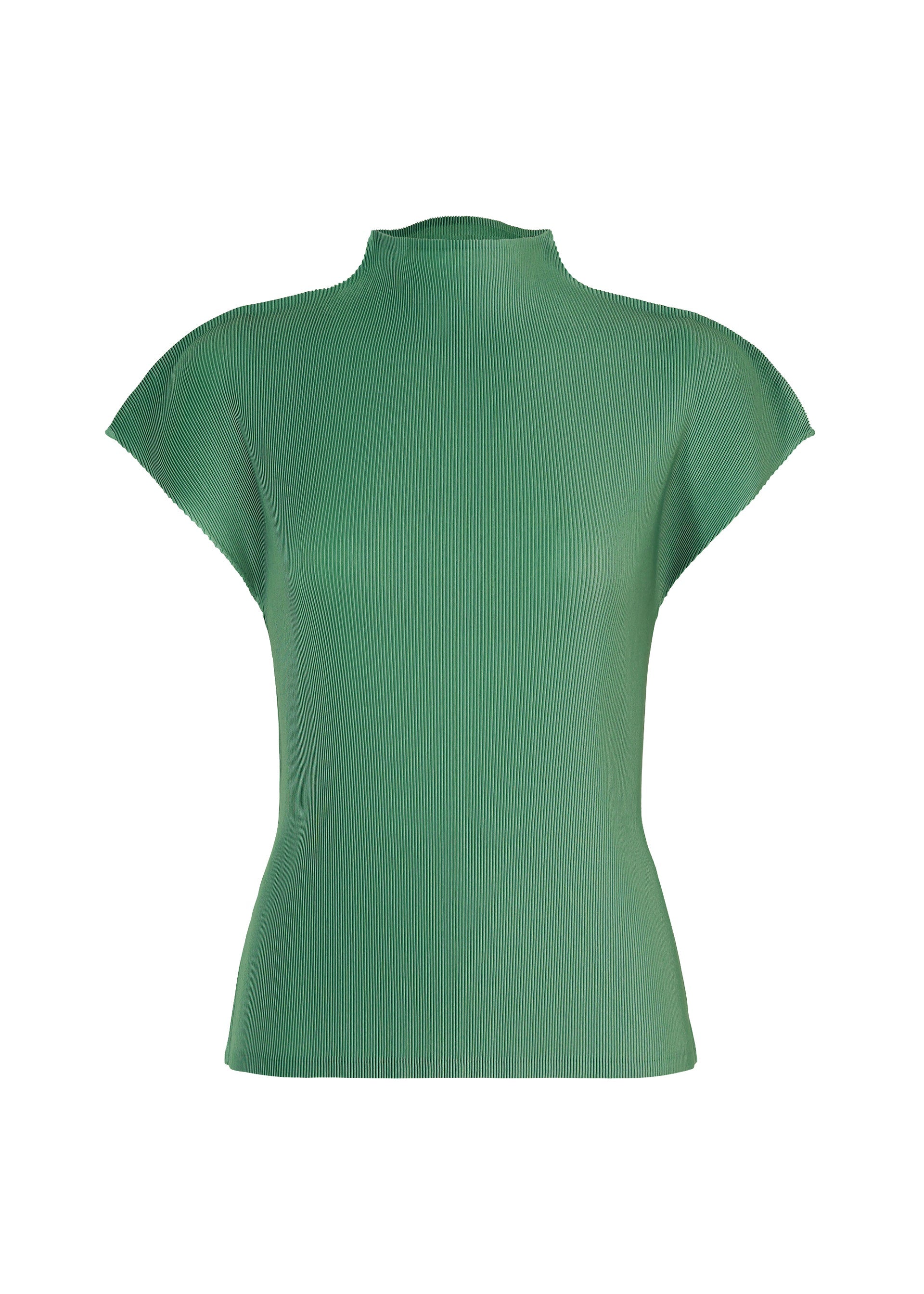 Zoomed view MIST AUGUST by PLEATS PLEASE ISSEY MIYAKE is a green, short-sleeve ribbed knit top featuring a mock neck, fitted silhouette, and lightweight feel, shown against a plain white background. - GRAYISH GREEN （no.61）