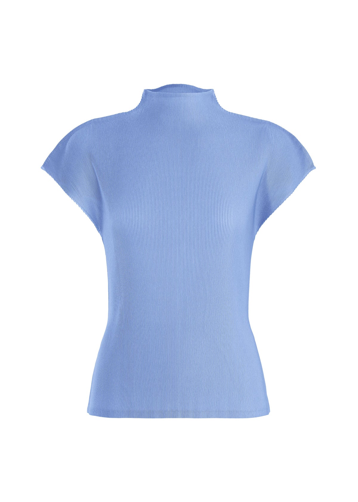 The MIST AUGUST top by PLEATS PLEASE ISSEY MIYAKE is a light blue, short-sleeved women’s high-neck style featuring ribbed detailing and a mock neck. Displayed against a white background, this lightweight and fitted silhouette exudes effortless sophistication. view 3 of 8