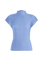 The MIST AUGUST top by PLEATS PLEASE ISSEY MIYAKE is a light blue, short-sleeved women’s high-neck style featuring ribbed detailing and a mock neck. Displayed against a white background, this lightweight and fitted silhouette exudes effortless sophistication. - LIGHT BLUE （no.70）