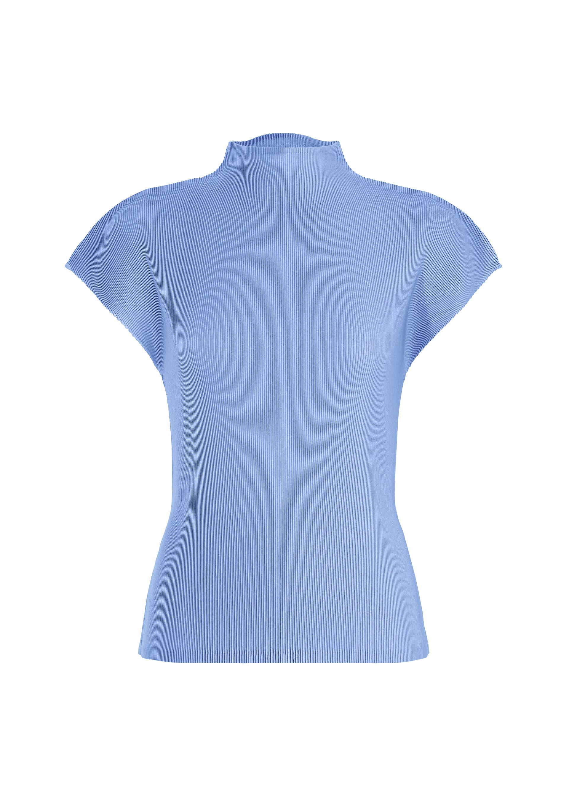 Zoomed view The MIST AUGUST top by PLEATS PLEASE ISSEY MIYAKE is a light blue, short-sleeved women’s high-neck style featuring ribbed detailing and a mock neck. Displayed against a white background, this lightweight and fitted silhouette exudes effortless sophistication. - LIGHT BLUE （no.70）