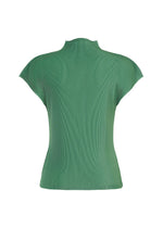 The MIST AUGUST top by PLEATS PLEASE ISSEY MIYAKE is a green, short-sleeve, ribbed knit high-neck design with a mock neck, shown from the back against a white background.