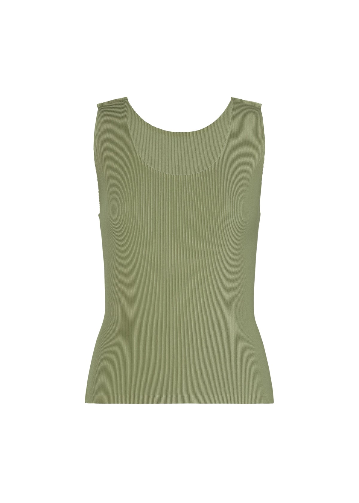 MIST SEPTEMBER by PLEATS PLEASE ISSEY MIYAKE — an olive-green, sleeveless ribbed tank top with a round neckline, showcased against a plain white background. view 2 of 7